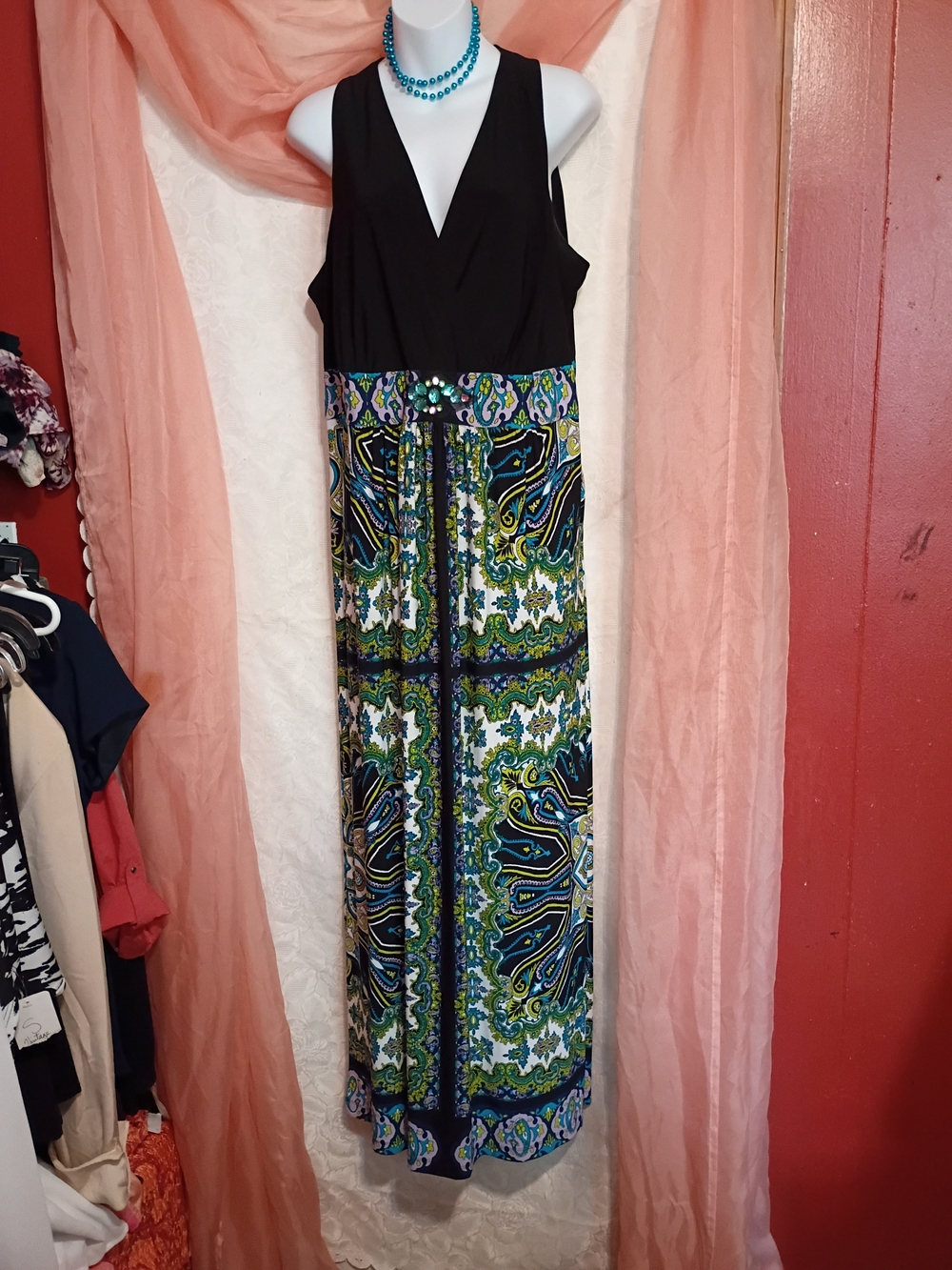 Danny & Nicole Ladies Black Top Maxi Dress with Green-Blue Paisley Sz 16W